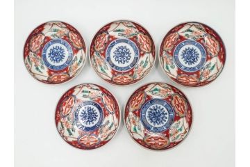 江戸期　古伊万里　冨貴長春　色絵　染付　金彩　約12cm　3.7寸　緻密な絵付けが目を引く小皿5枚セット　(R-084618)
