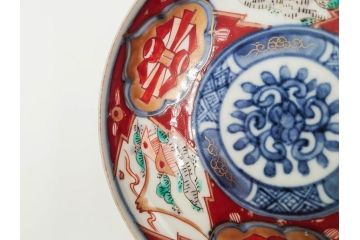 江戸期　古伊万里　冨貴長春　色絵　染付　金彩　約12cm　3.7寸　緻密な絵付けが目を引く小皿5枚セット　(R-084618)