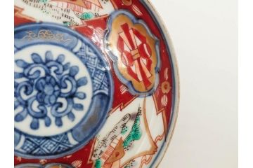 江戸期　古伊万里　冨貴長春　色絵　染付　金彩　約12cm　3.7寸　緻密な絵付けが目を引く小皿5枚セット　(R-084618)