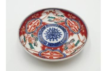 江戸期　古伊万里　冨貴長春　色絵　染付　金彩　約12cm　3.7寸　緻密な絵付けが目を引く小皿5枚セット　(R-084618)