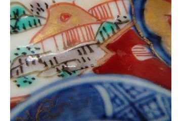 江戸期　古伊万里　冨貴長春　色絵　染付　金彩　約12cm　3.7寸　緻密な絵付けが目を引く小皿5枚セット　(R-084618)