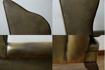 イギリスヴィンテージ　本革　チェスターフィールド　高貴な佇まいと包み込まれるような座り心地が魅力のウィングバックチェア　(R-084648)
