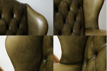 イギリスヴィンテージ　本革　チェスターフィールド　高貴な佇まいと包み込まれるような座り心地が魅力のウィングバックチェア　(R-084648)