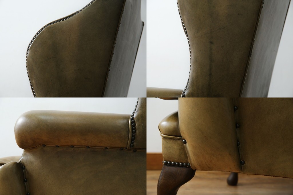 イギリスヴィンテージ　本革　チェスターフィールド　高貴な佇まいと包み込まれるような座り心地が魅力のウィングバックチェア　(R-084648)