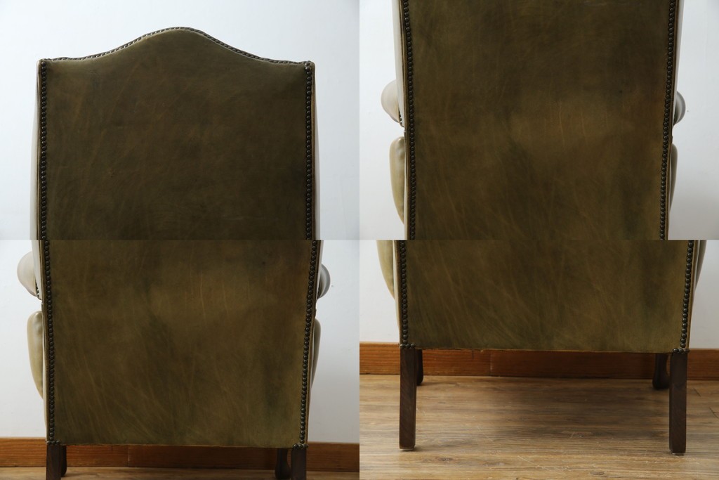 イギリスヴィンテージ　本革　チェスターフィールド　高貴な佇まいと包み込まれるような座り心地が魅力のウィングバックチェア　(R-084648)