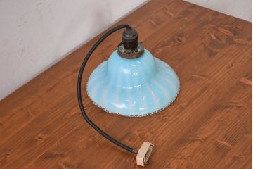 和製アンティーク　希少　戦前(大正から昭和初期)　青色縦縞とフリルデザインがかわいらしい玉付電笠　(R-084655)