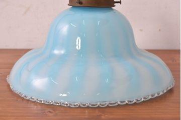 和製アンティーク　希少　戦前(大正から昭和初期)　青色縦縞とフリルデザインがかわいらしい玉付電笠　(R-084655)