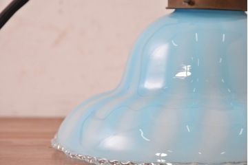 和製アンティーク　希少　戦前(大正から昭和初期)　青色縦縞とフリルデザインがかわいらしい玉付電笠　(R-084655)