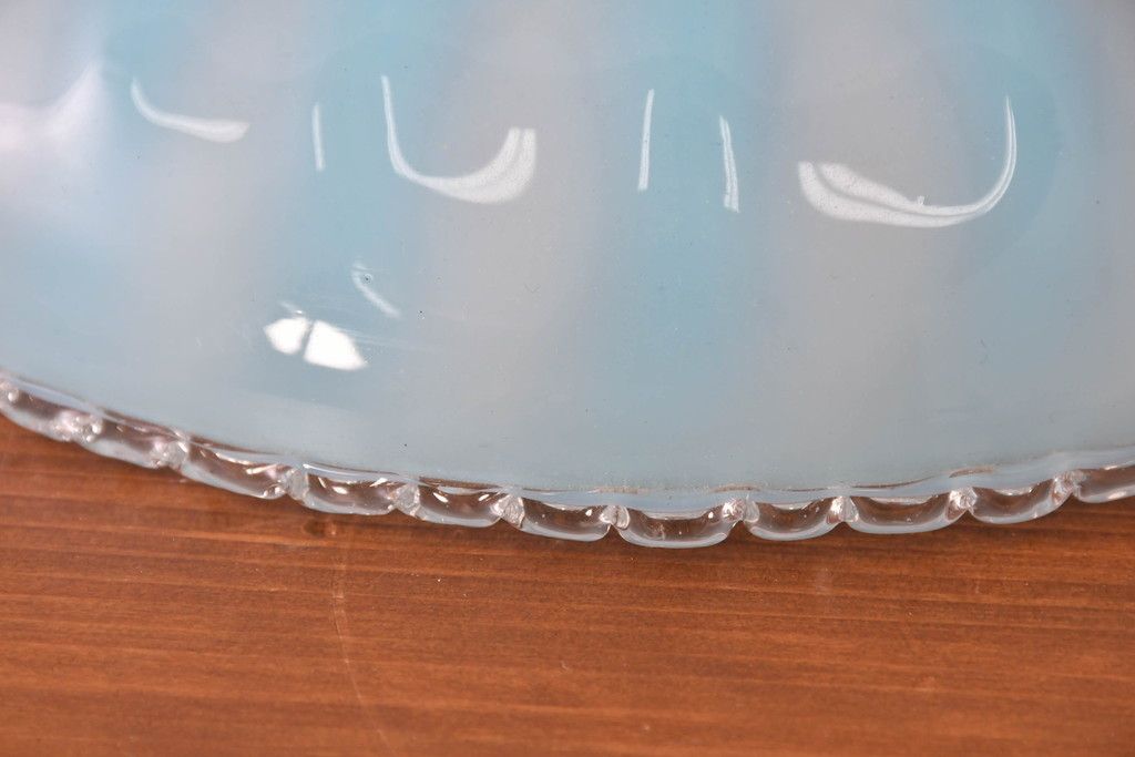 和製アンティーク　希少　戦前(大正から昭和初期)　青色縦縞とフリルデザインがかわいらしい玉付電笠　(R-084655)