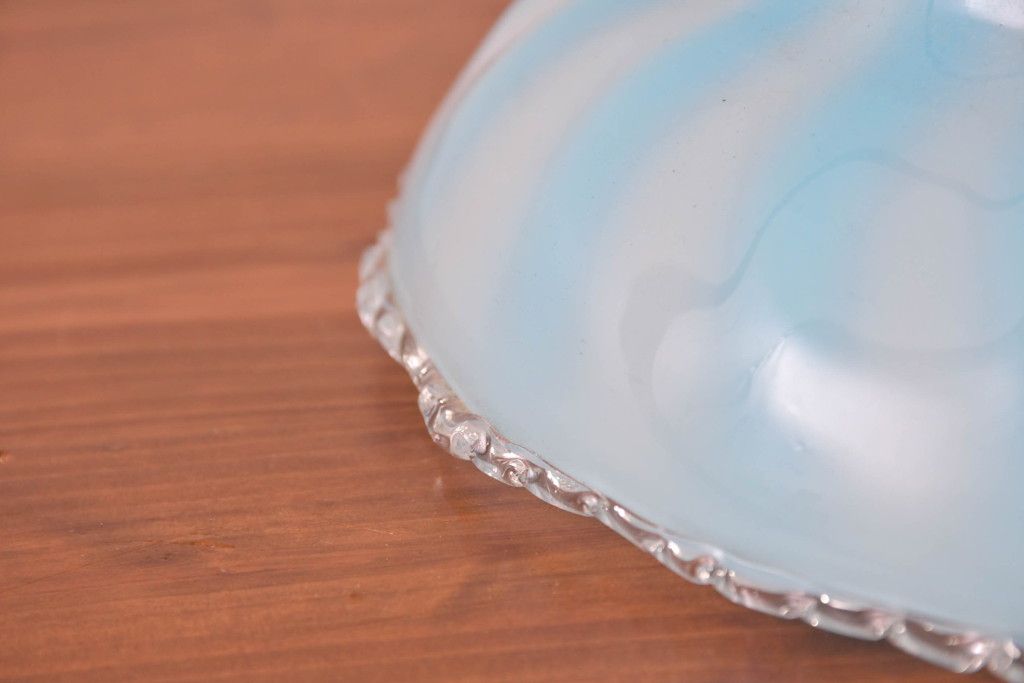 和製アンティーク　希少　戦前(大正から昭和初期)　青色縦縞とフリルデザインがかわいらしい玉付電笠　(R-084655)