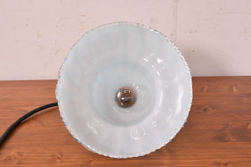 和製アンティーク　希少　戦前(大正から昭和初期)　青色縦縞とフリルデザインがかわいらしい玉付電笠　(R-084655)