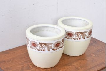 アンティーク雑貨　オールドノリタケ(則武、日陶)　NORITAKE　月桂樹印　菊牡丹文がレトロな火鉢2点セット(手あぶり、鉢カバー、傘立て)(R-084660)