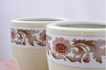 アンティーク雑貨　オールドノリタケ(則武、日陶)　NORITAKE　月桂樹印　菊牡丹文がレトロな火鉢2点セット(手あぶり、鉢カバー、傘立て)(R-084660)