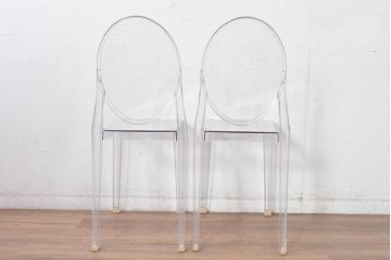 中古　イタリア　カルテル(Kartell)　ビクトリアゴースト(VICTORIA GHOST)　幾何学的なデザインが目を引くチェア2脚セット(ダイニングチェア、椅子、イス、バラ売り可能)(定価2脚で約10万円)(R-084664)