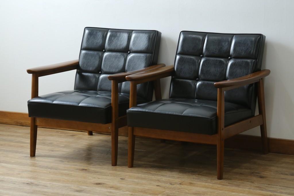 和製ヴィンテージ　オールドカリモク　カリモク家具(karimoku)　合皮製　Kチェア 1シーター 2脚セット(R-084668)