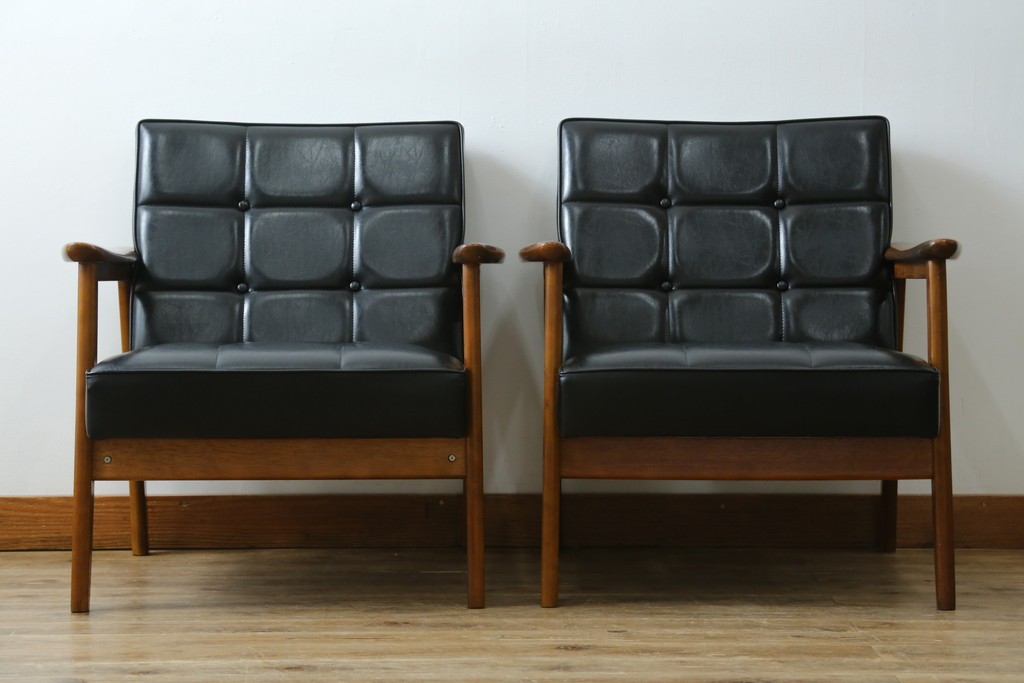 和製ヴィンテージ　オールドカリモク　カリモク家具(karimoku)　合皮製　Kチェア 1シーター 2脚セット(R-084668)