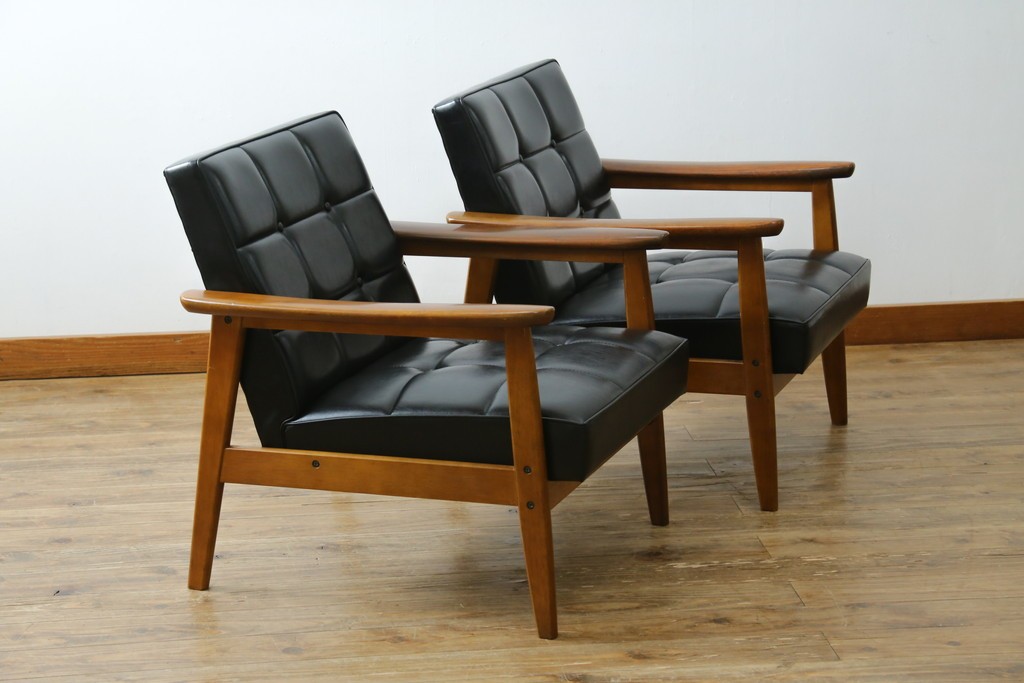 和製ヴィンテージ　オールドカリモク　カリモク家具(karimoku)　合皮製　Kチェア 1シーター 2脚セット(R-084668)