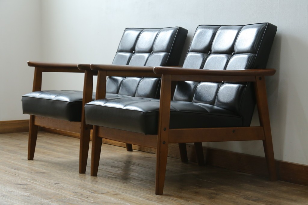 和製ヴィンテージ　オールドカリモク　カリモク家具(karimoku)　合皮製　Kチェア 1シーター 2脚セット(R-084668)