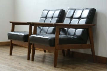 和製ヴィンテージ　オールドカリモク　カリモク家具(karimoku)　合皮製　Kチェア 1シーター 2脚セット(R-084668)