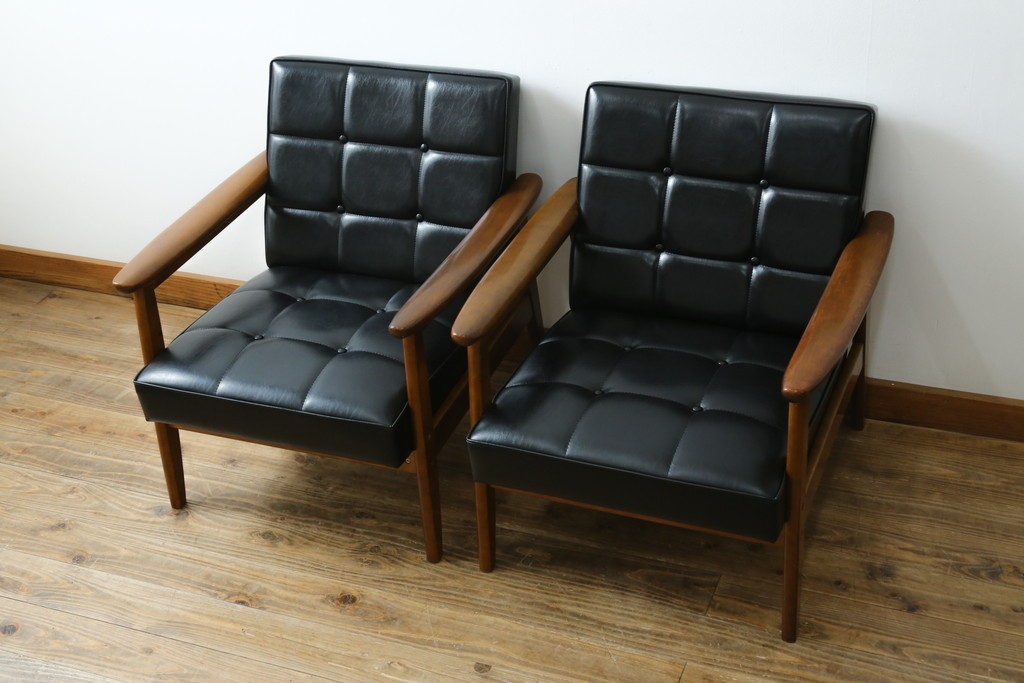 和製ヴィンテージ　オールドカリモク　カリモク家具(karimoku)　合皮製　Kチェア 1シーター 2脚セット(R-084668)