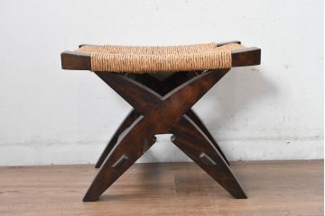 中古　美品　松本民芸家具　ラッシ座面(い草)　和モダンな空間づくりにおすすめの#222鞍型スツール(椅子、チェア、イス)(R-084674)
