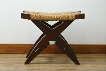 中古　美品　松本民芸家具　ラッシ座面(い草)　和モダンな空間づくりにおすすめの#222鞍型スツール　(R-084675)