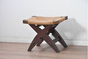 中古　美品　松本民芸家具　ラッシ座面(い草)　和モダンな空間づくりにおすすめの#222鞍型スツール(椅子、チェア、イス)(R-084675)