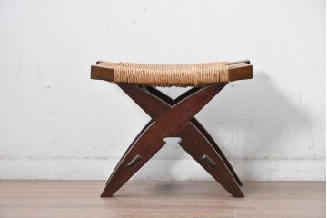 中古　美品　松本民芸家具　ラッシ座面(い草)　和モダンな空間づくりにおすすめの#222鞍型スツール(椅子、チェア、イス)(R-084675)