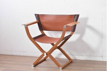 中古　フランス　HERMES(エルメス)　PIPPAシリーズ　本革　木の温もりでレザーのしなやかさを楽しむフォールディングチェア(folding armchair、折りたたみ式チェア、折り畳み、アームチェア、椅子、イス)(現行定価約350万円)(R-084688)