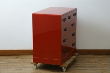 中古　超美品!　高島屋購入品　総漆塗り　深紅の色彩と使いやすい多段構成が魅力の小箪笥　定価約70万円　(R-084697)