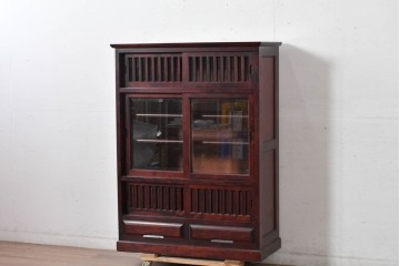 中古　美品　希少な廃番品　日向民芸家具　ミズメザクラ　和モダンデザインの格子戸付き水屋箪笥　(R-084720)