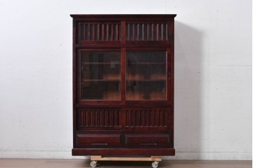 中古 美品 希少な廃番品 日向民芸家具 ミズメザクラ 和モダンデザインの格子戸付き水屋箪笥 (R-084720)