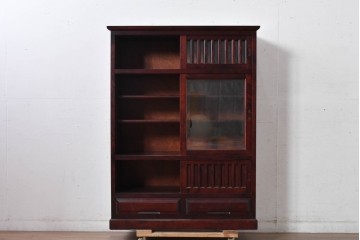 中古　美品　希少な廃番品　日向民芸家具　ミズメザクラ　和モダンデザインの格子戸付き水屋箪笥　(R-084720)