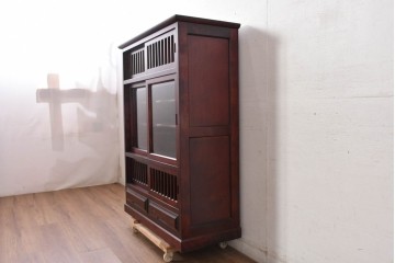 中古 美品 希少な廃番品 日向民芸家具 ミズメザクラ 和モダンデザインの格子戸付き水屋箪笥 (R-084720)