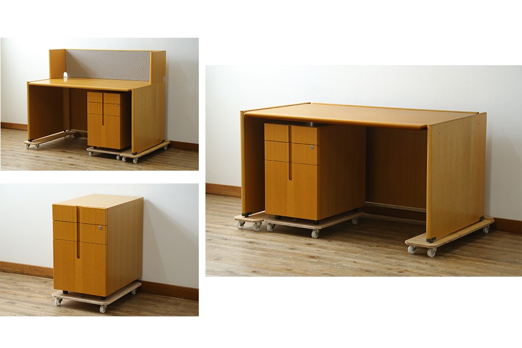 中古　北海道旭川家具　CONDE HOUSE(カンディハウス)　インテリアセンター　オーク材　取り外しパネル付き　ナチュラルモダンなデスクとワゴンのセット　(R-084725)