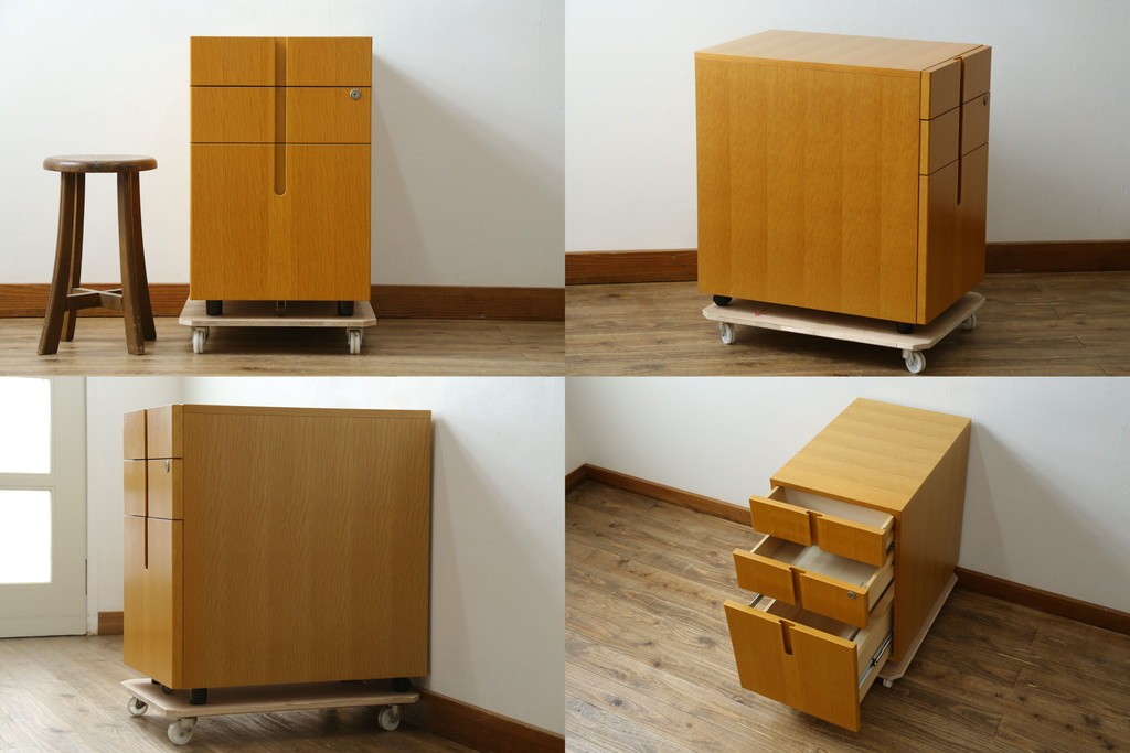 中古　北海道旭川家具　CONDE HOUSE(カンディハウス)　インテリアセンター　オーク材　取り外しパネル付き　ナチュラルモダンなデスクとワゴンのセット　(R-084725)