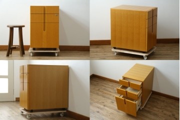 中古　北海道旭川家具　CONDE HOUSE(カンディハウス)　インテリアセンター　オーク材　取り外しパネル付き　ナチュラルモダンなデスクとワゴンのセット　(R-084725)
