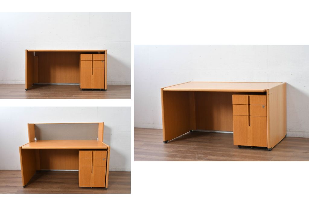 中古　北海道旭川家具　インテリアセンター(カンディハウス) 　オーク材　取り外しパネル付き　ナチュラルモダンなデスクとワゴンのセット　(R-084725)