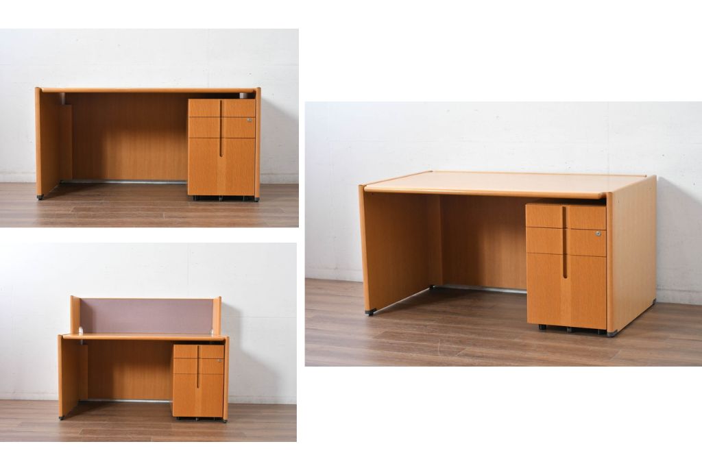 中古　北海道旭川家具　インテリアセンター(カンディハウス) 　オーク材　取り外しパネル付き　ナチュラルモダンなデスクとワゴンのセット　(R-084726)