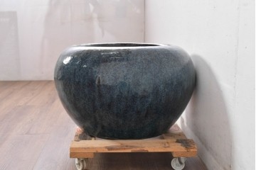 中国アンティーク　特大!　鮑氏明亮監製　古玩の趣　海鼠釉(なまこゆう) が美しい存在感のある唐物火鉢　(R-084727)