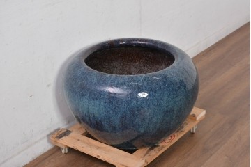 中国アンティーク　特大!　鮑氏明亮監製　古玩の趣　海鼠釉(なまこゆう) が美しい存在感のある唐物火鉢　(R-084727)