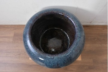 中国アンティーク　特大!　鮑氏明亮監製　古玩の趣　海鼠釉(なまこゆう) が美しい存在感のある唐物火鉢　(R-084727)