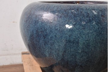 中国アンティーク　特大!　鮑氏明亮監製　古玩の趣　海鼠釉(なまこゆう) が美しい存在感のある唐物火鉢　(R-084727)