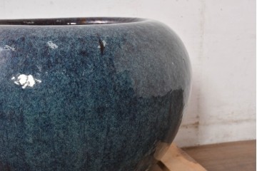 中国アンティーク　特大!　鮑氏明亮監製　古玩の趣　海鼠釉(なまこゆう) が美しい存在感のある唐物火鉢　(R-084727)