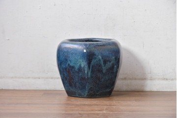 中国アンティーク　葛徳和造　海鼠釉(なまこゆう)　古玩　深みある青が美しい六角火鉢　(R-084728)