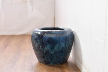 中国アンティーク　葛徳和造　海鼠釉(なまこゆう)　古玩　深みある青が美しい六角火鉢　(R-084728)