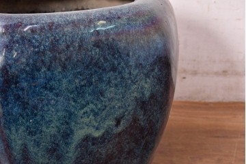 中国アンティーク　葛徳和造　海鼠釉(なまこゆう)　古玩　深みある青が美しい六角火鉢　(R-084728)