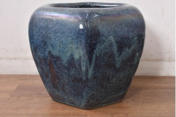 中国アンティーク　葛徳和造　海鼠釉(なまこゆう)　古玩　深みある青が美しい六角火鉢　(R-084728)