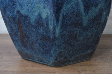 中国アンティーク　葛徳和造　海鼠釉(なまこゆう)　古玩　深みある青が美しい六角火鉢　(R-084728)