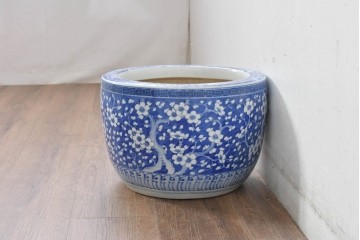 和製アンティーク　菊・梅・花唐草模様　和の趣と可愛らしさを感じる瀬戸火鉢　(R-084730)